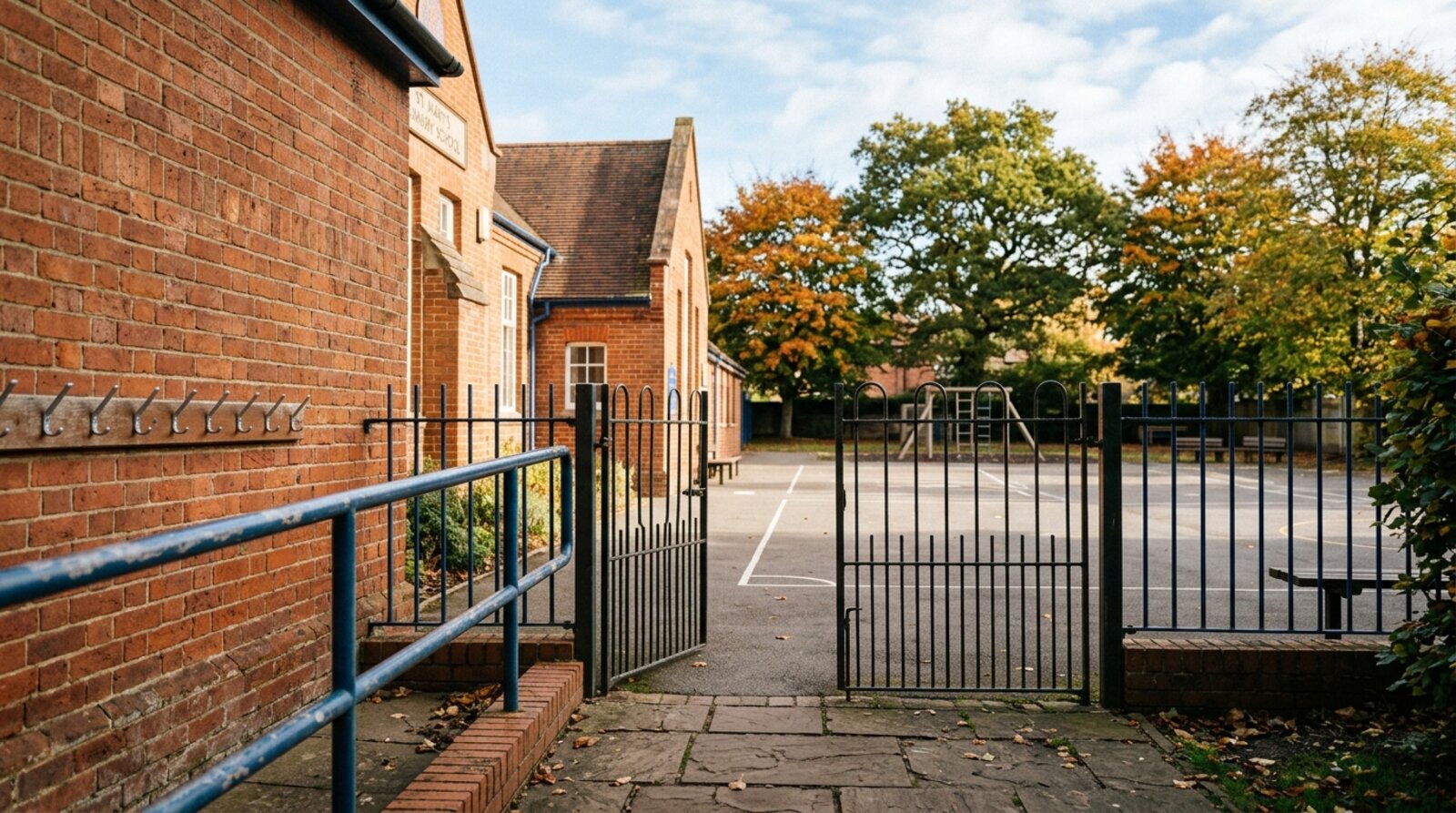 An English primary school gate and quiet playground, illustrating how distance to the school gate affects waiting list ranking