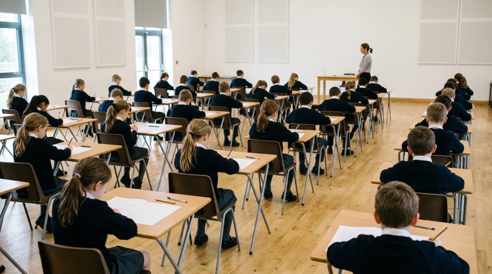 An exam hall with primary-age children sitting spaced out at single desks taking a written entrance test