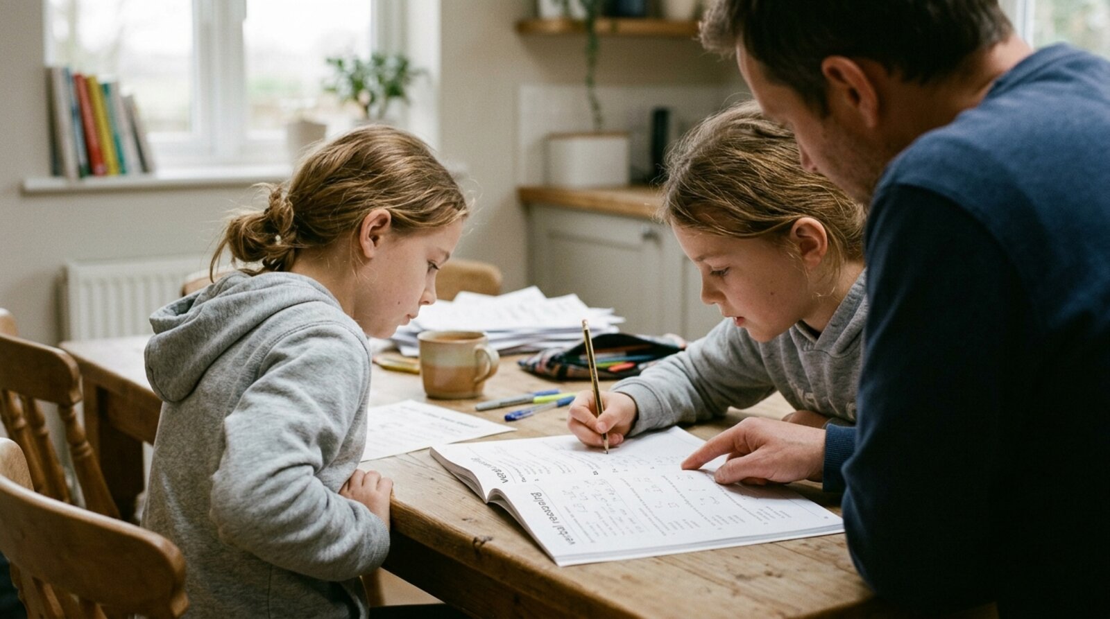 A Year 5 child sitting at a desk working through an 11 plus practice paper with a parent helping nearby