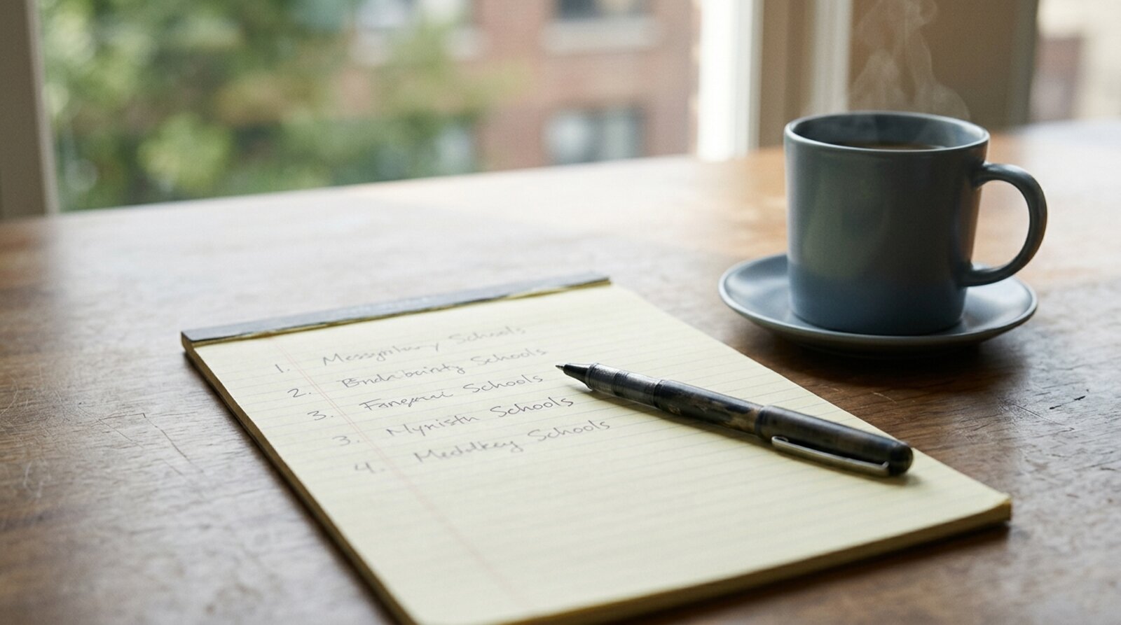 A handwritten numbered list of schools ranked from first to fourth preference on a notepad