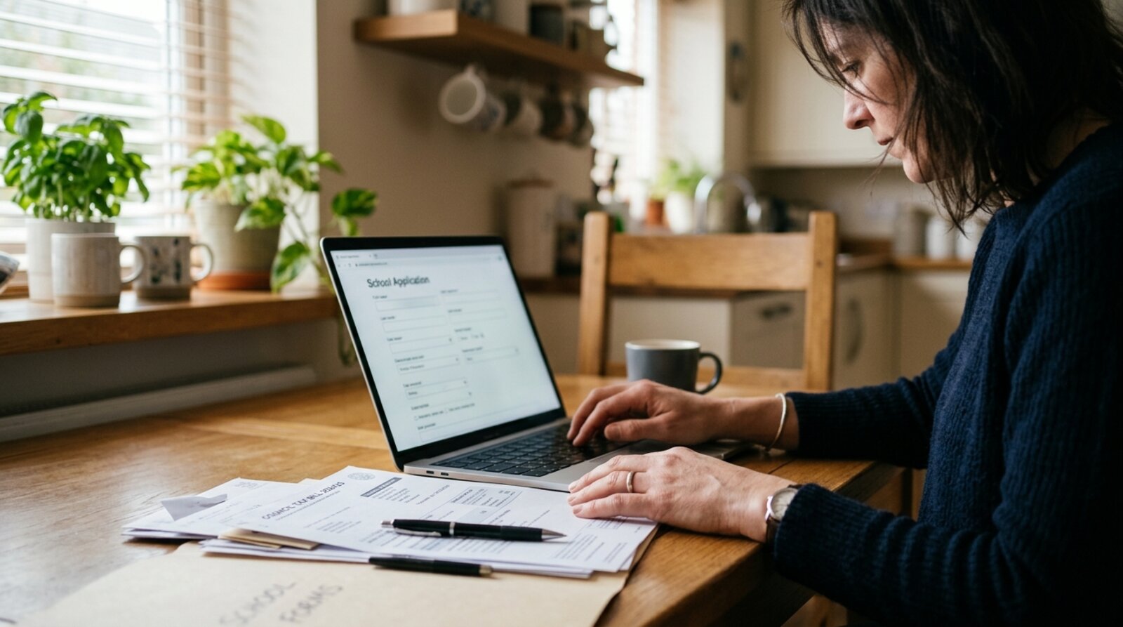 A parent completing a local council school application form on a laptop with address documents on the desk