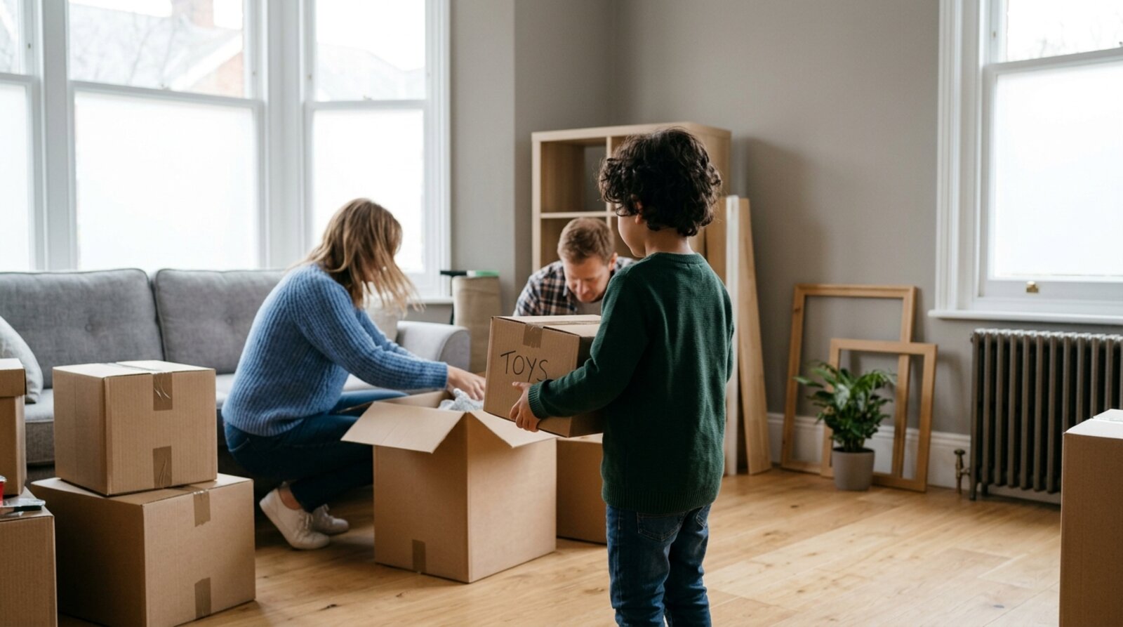A family unpacking moving boxes in a new home with a child nearby