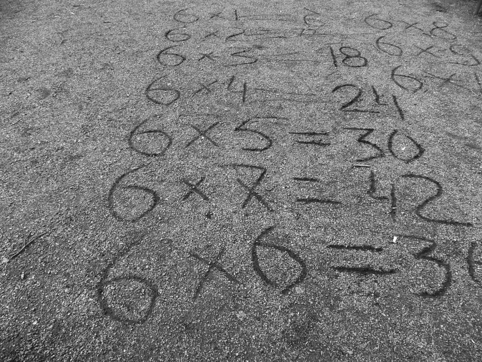 The six times table chalked on tarmac, from 6 x 1 to 6 x 7