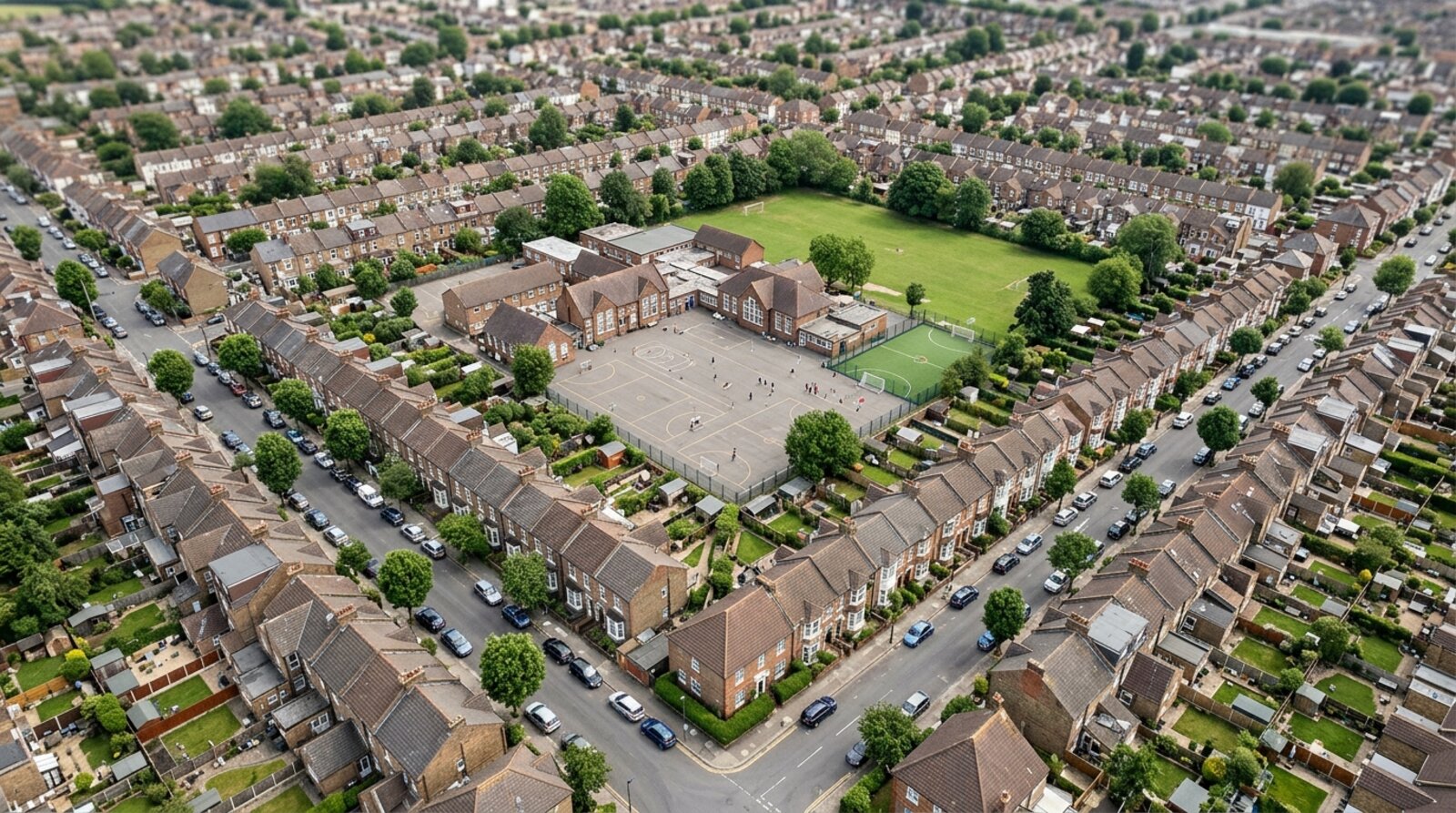 An aerial view of a residential neighbourhood with a primary school, illustrating how a school catchment area and home-to-school distance are measured