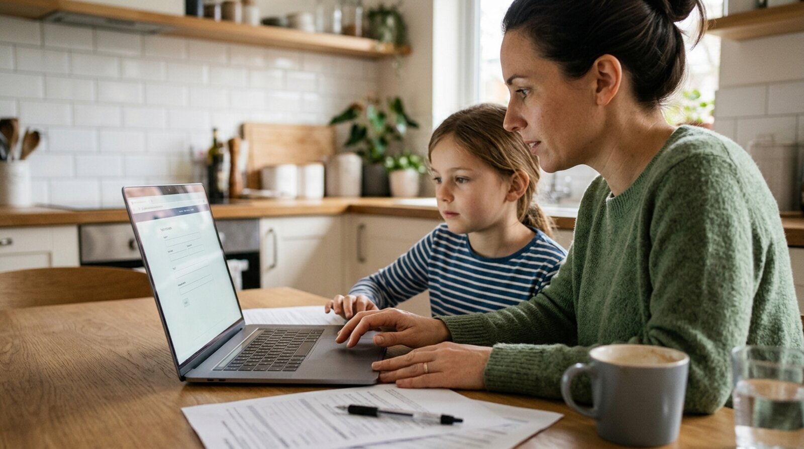 A parent and primary-age child sitting at a kitchen table filling in a school admissions application on a laptop