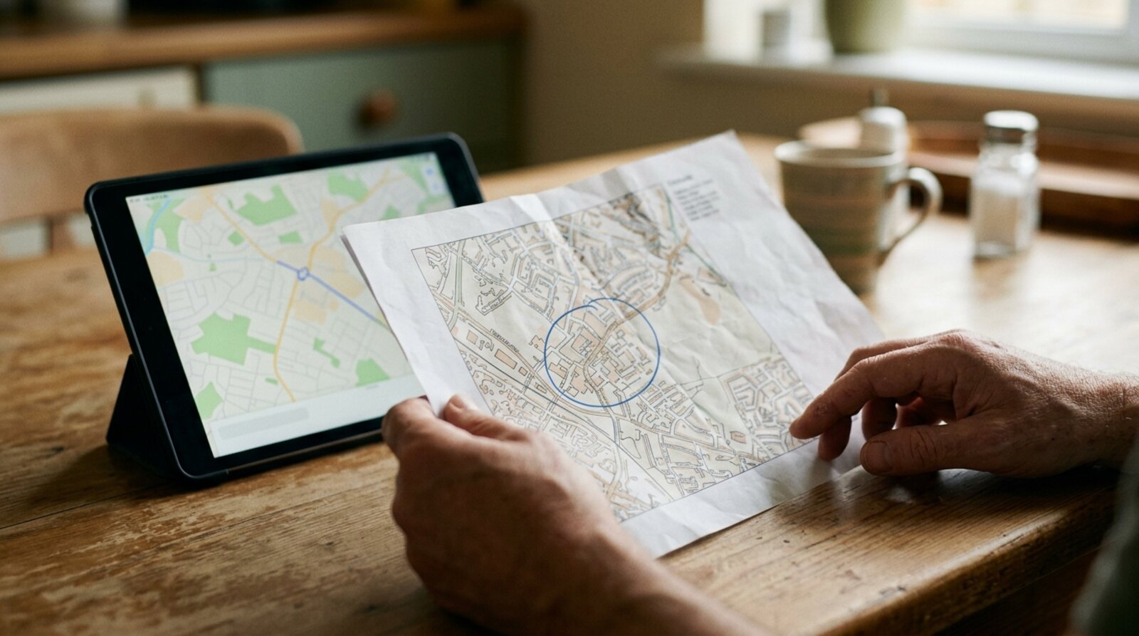 A parent checking a local street map and tablet to work out a school catchment area