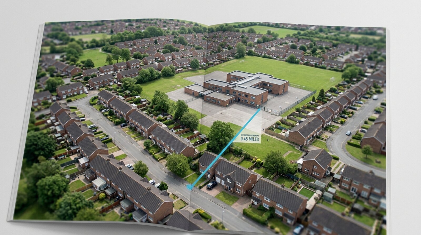 An aerial view of a residential area showing a straight-line distance measured from a home to the nearest school gate