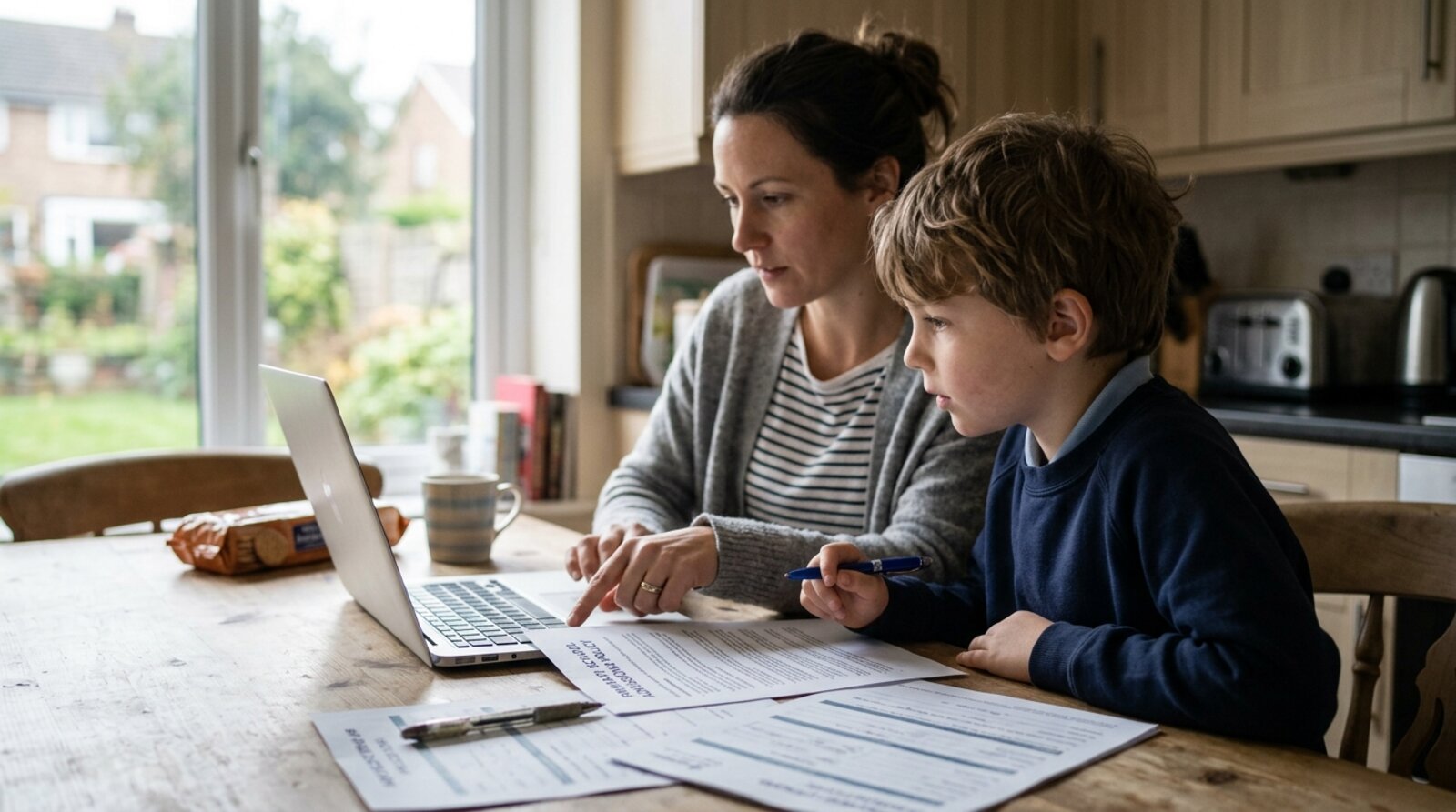 A parent and child at a kitchen table reading a school's admissions policy on a laptop to understand its oversubscription criteria